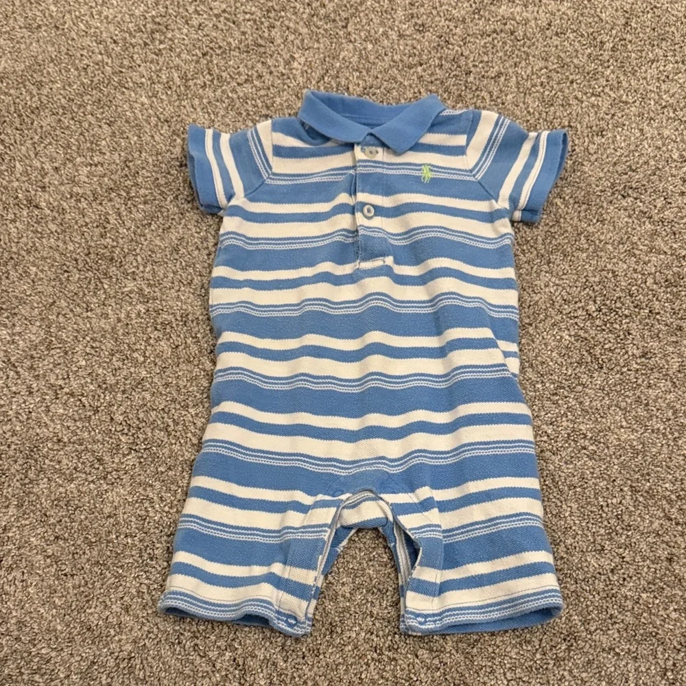 Ralph Lauren Toddler Boys Blue and White Striped Polo Onesie Romper 9 months